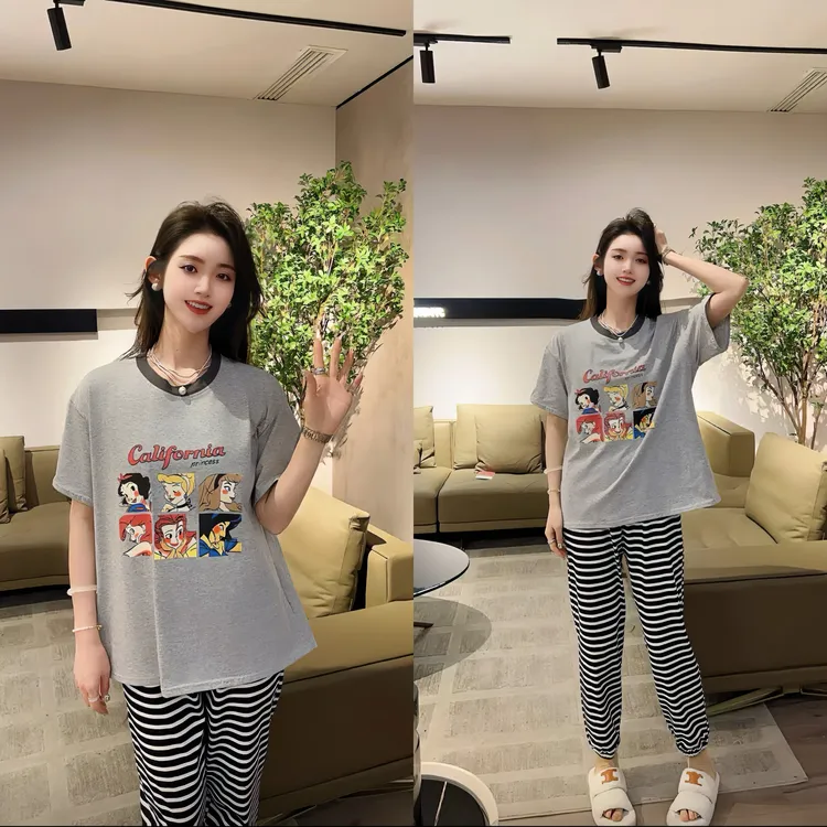 春夏季时尚宽松韩版大码休闲圆领流行灰色减龄家居服棉质睡衣套装