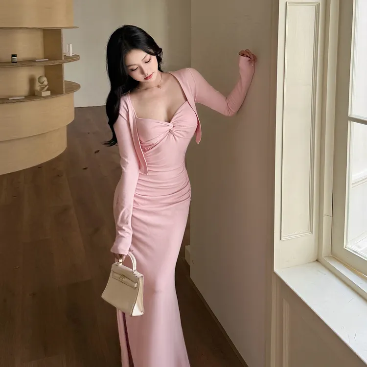 运补6-8r 纯欲性感扭结吊带连衣裙女秋季开衫鱼尾长裙温柔两件套