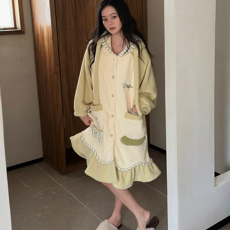 及好睡袍女秋冬季半边绒加厚保暖中长款浴袍睡衣珊瑚绒家居服套装