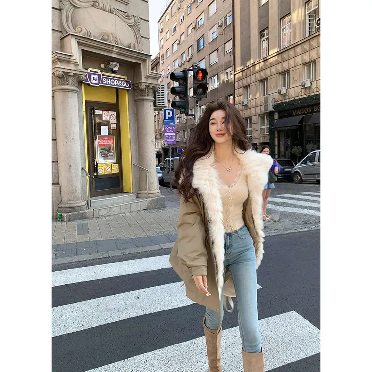 大也池100%狐狸毛90鸭绒派克羽绒服女中长款系带环保皮草外套