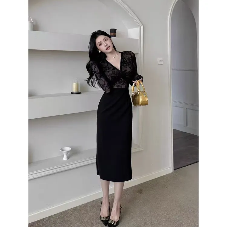依二一御姐蕾丝扭结V领连衣裙气质海妖风名媛修身开叉包臀裙1966