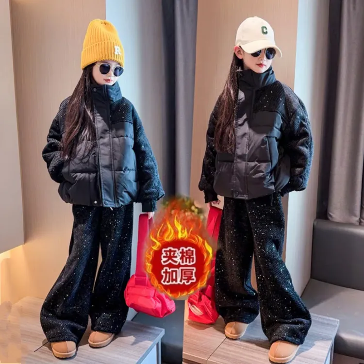 女童2025冬季新款满天星短款棉衣外套洋气拼接棉服休闲裤子两件套