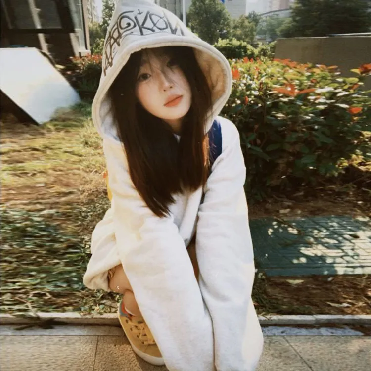 小众美式穿搭字母刺绣连帽卫衣外套女秋冬季加绒加厚宽松长袖上衣