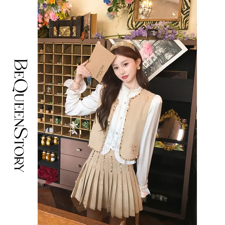 韩韩IU【财阀娇女】重工刺绣麂皮圆领马甲&防走光裤里百褶短裙套装