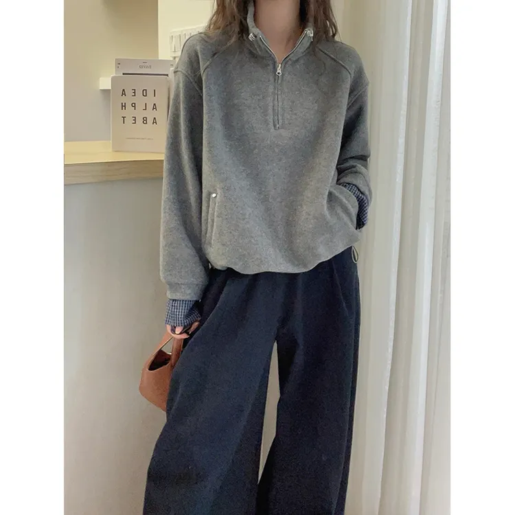 2025秋冬新款半拉链袖口拼接假两件卫衣大码女装立领抽绳显瘦上衣