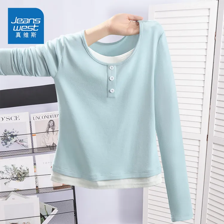 真维斯正肩长袖t恤女2025新款薄款秋季撞色针织衫假两件内搭上衣