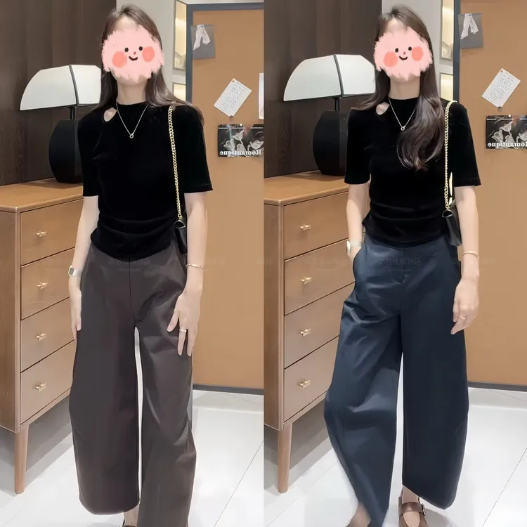 2025早秋新款高级感舒适气质镂空丝绒轻奢上衣纯色百搭休闲裤套装