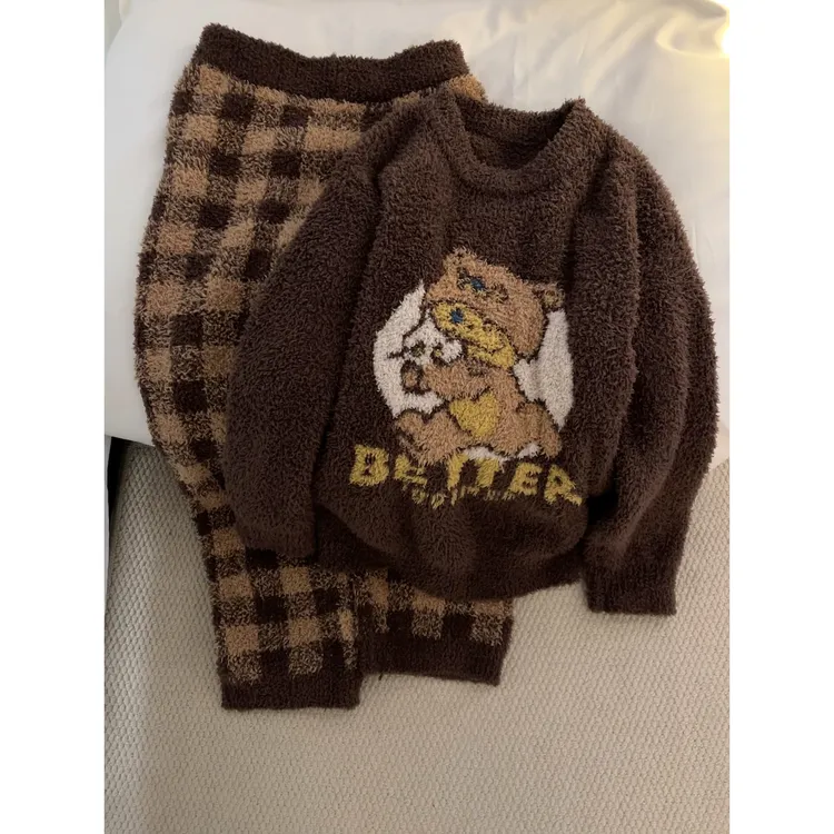 大码宽松休闲可爱卡通半边绒睡衣女秋冬新款加厚保暖家居服套装