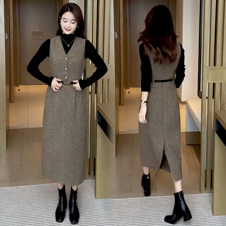 拉夏贝尔小香风时尚套装女2025秋冬新款韩式针织衫休闲背带连衣裙