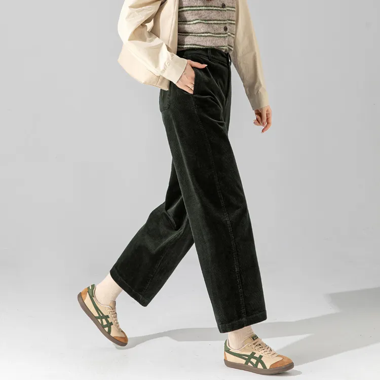 条绒裤子女2025新款秋冬九分高级感镰刀裤绿色灯芯绒休闲裤小个子