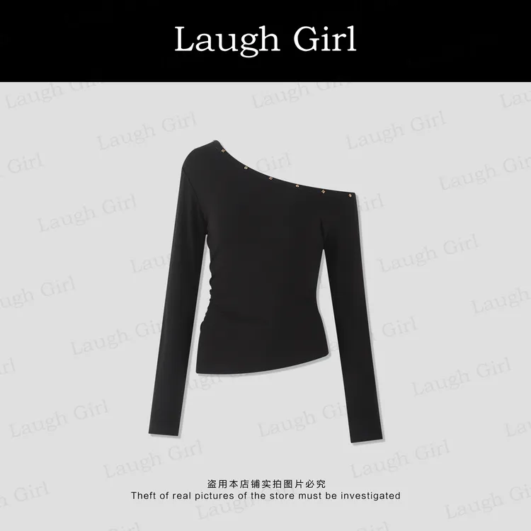 楚楚君 Laugh girl秀场同款【黑色铆钉】斜肩铆钉长袖T恤 TL53277J
