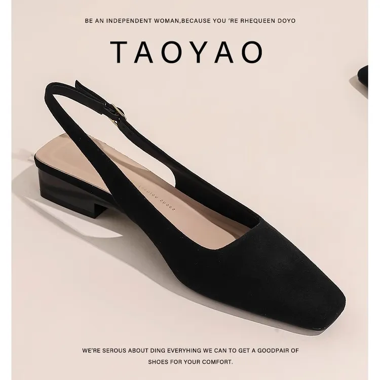 黑色绒面包头凉鞋女2025新款气质方头百搭通勤职业不累脚低跟单鞋