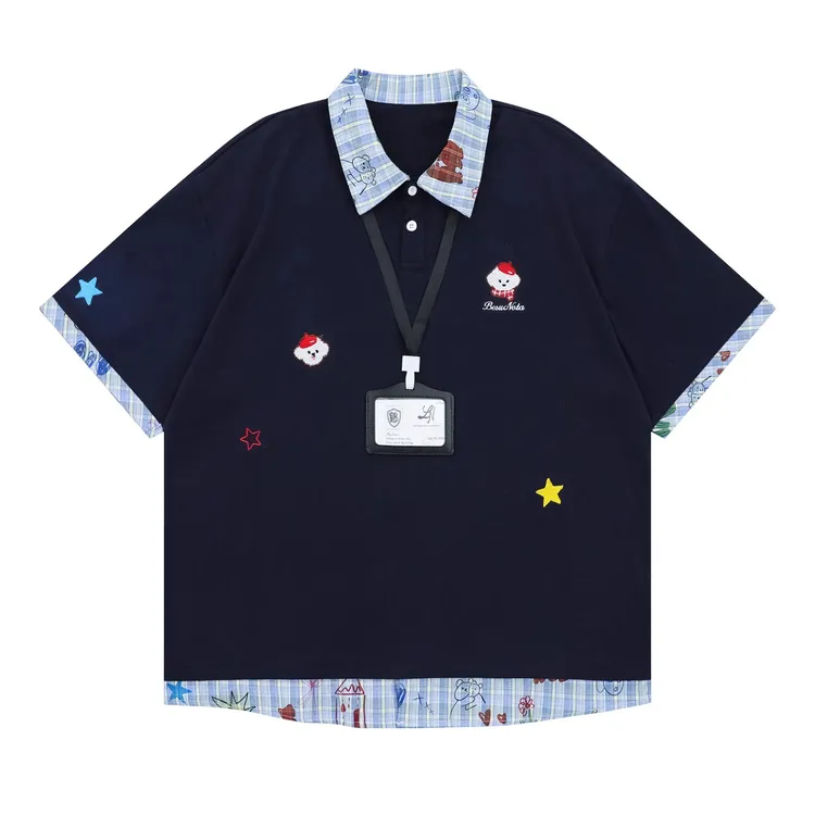 学院风假两件小狗刺绣格子拼接POLO领短袖T恤女夏季宽松休闲上衣