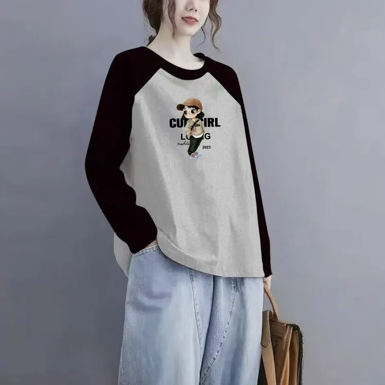 秋季新款圆领插肩长袖t恤韩版减龄通勤大码宽松显瘦女装拼接上衣