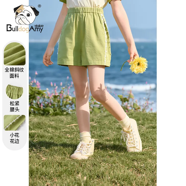 女童纯棉短裤2025夏季新款洋气儿童高腰裤子小女孩绿色百搭休闲裤