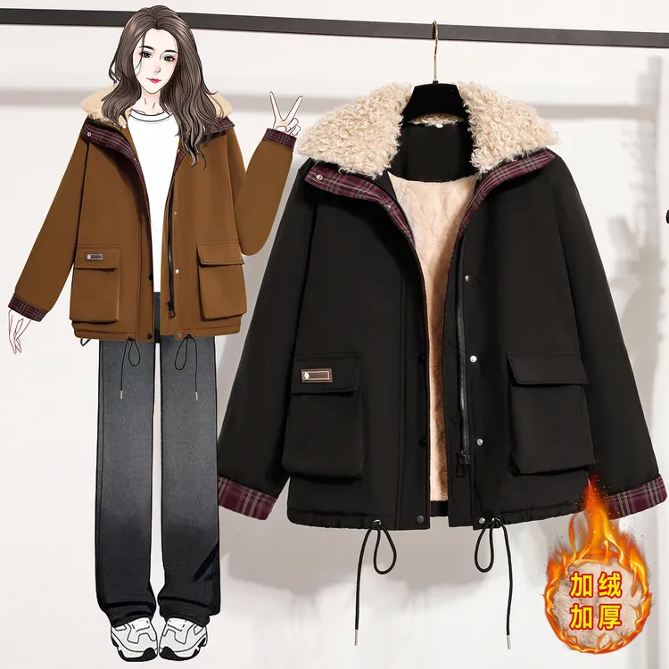 高级感外套女减龄加绒棉衣拼色大码200斤棉服加厚棉袄秋冬天气质
