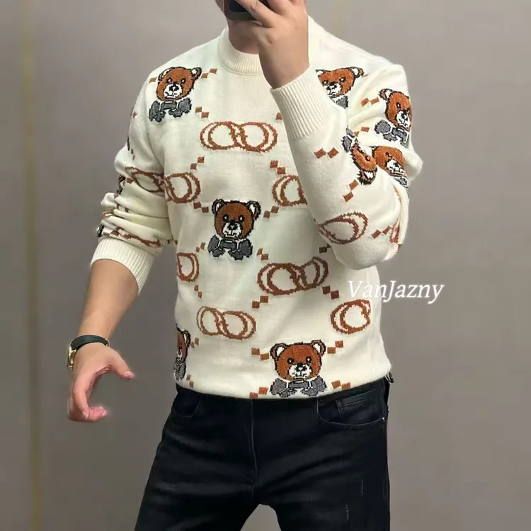 【VanJazny】新款高端男士时尚卡通小熊图案圆领羊毛衫706
