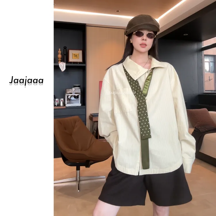 Jaajaaa奶杏絮语 百搭秋季设计韩版翻领长袖外套宽松衬衫/BEAX