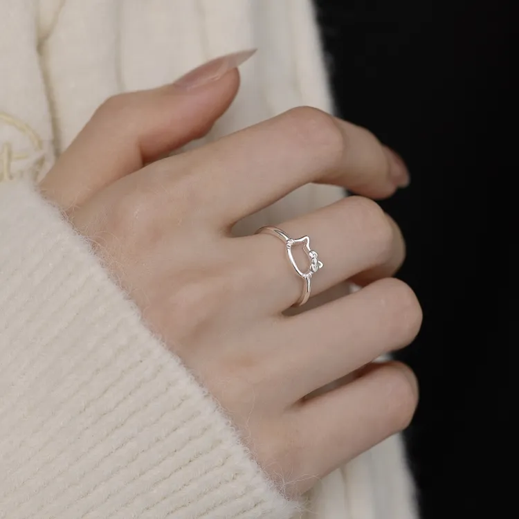 足银戒指 999足银猫猫头戒指女2025新款食指戒猫咪小众开口指环