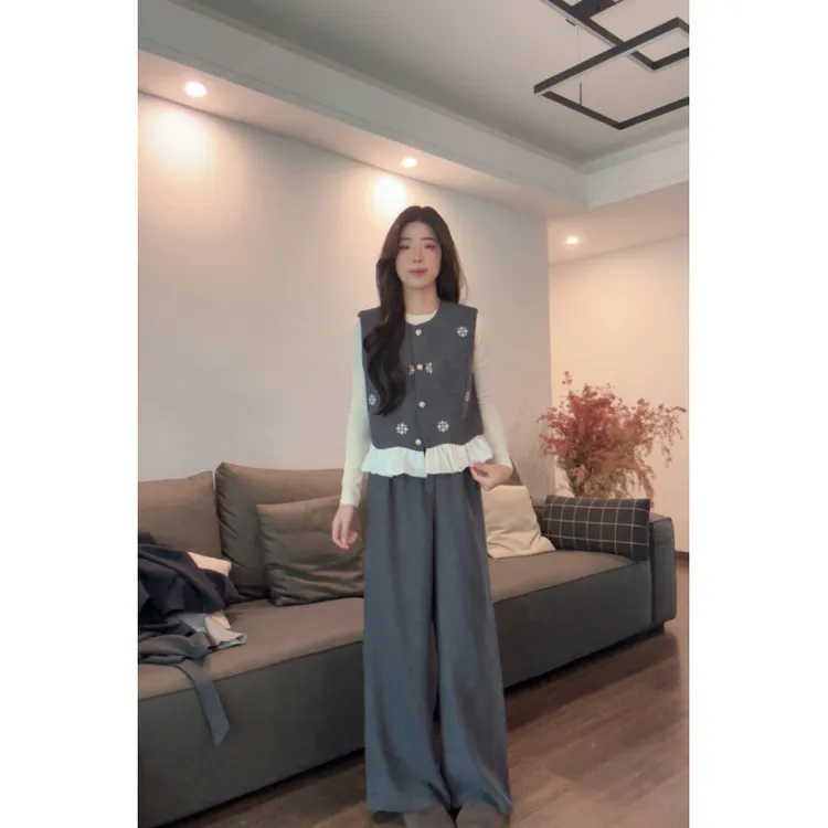Y148819-法式套装女士早秋新款气质绣花花边马甲衬衫阔腿裤三件套