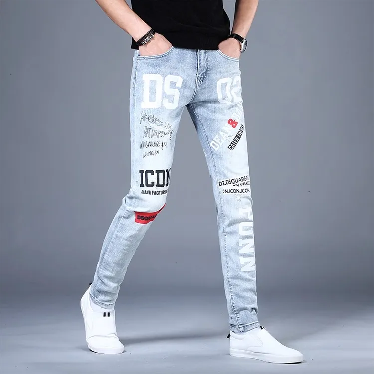 高档牛仔裤男款爆款2025新款秋冬印花潮流破洞潮牌修身小脚男裤子
