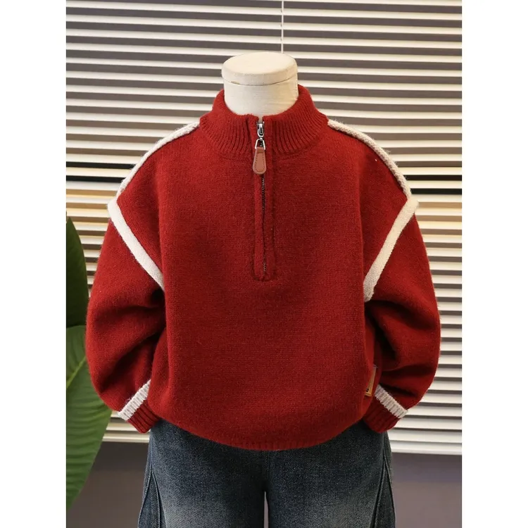 男童红色毛衣加厚冬季2025新款半开领儿童过年针织衫宝宝冬装衣服