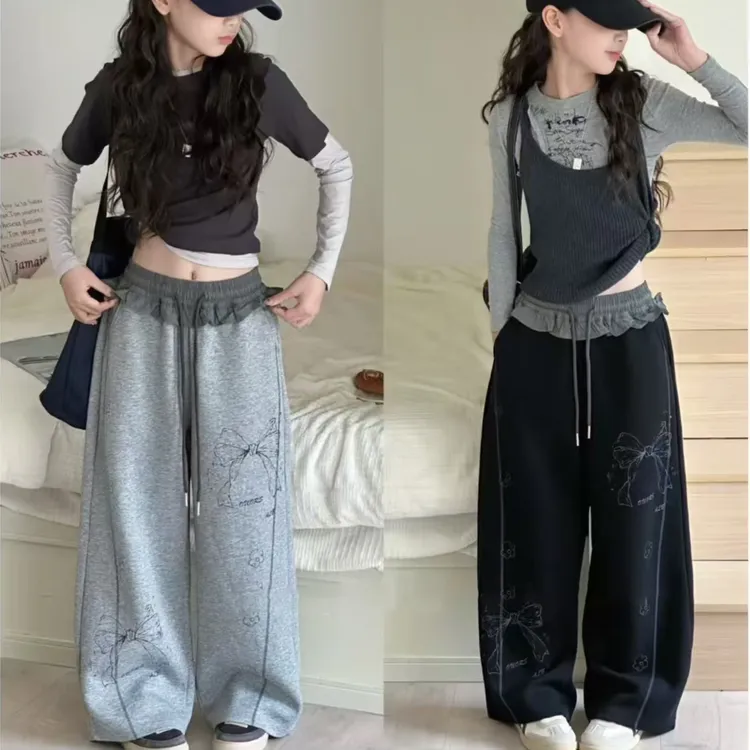 童装2025秋装新款女童休闲裤儿童裤子纯色涂鸦印花舒适直筒裤子