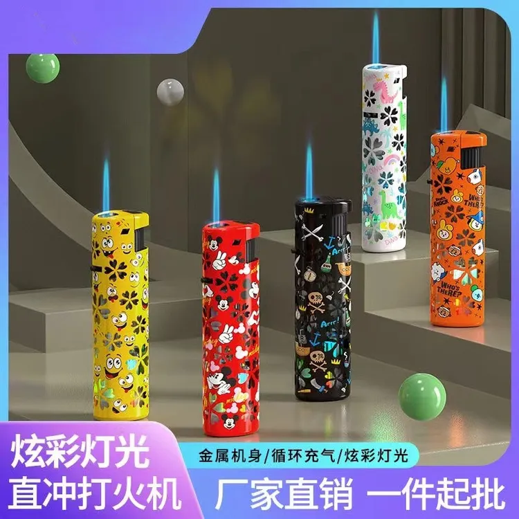 新款时尚闪灯蓝焰直冲打火机炫酷可充气送男友家用防爆耐用批发潮