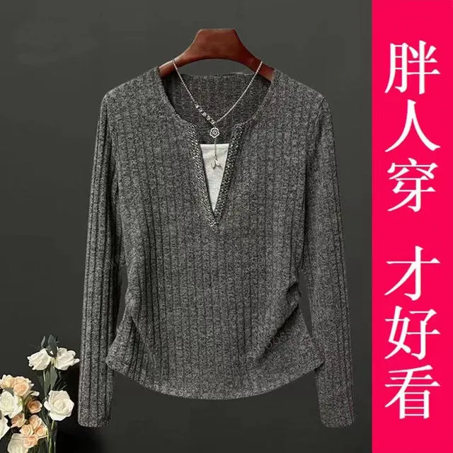 2025秋季新款V领打底衫女装洋气修身长袖t恤法式正肩百搭显瘦上衣