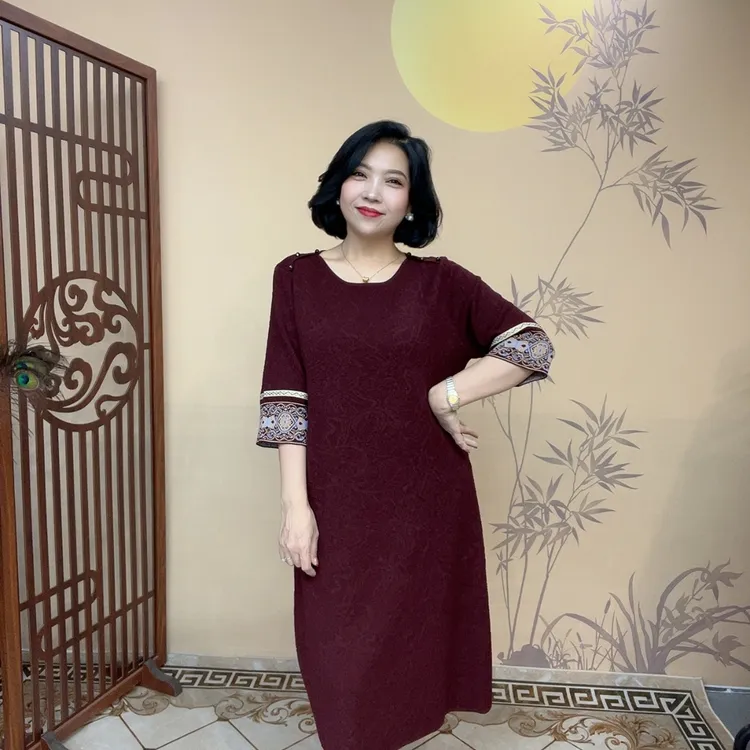 1126针织长裙圆领中国风妈妈装中老年女装中长款