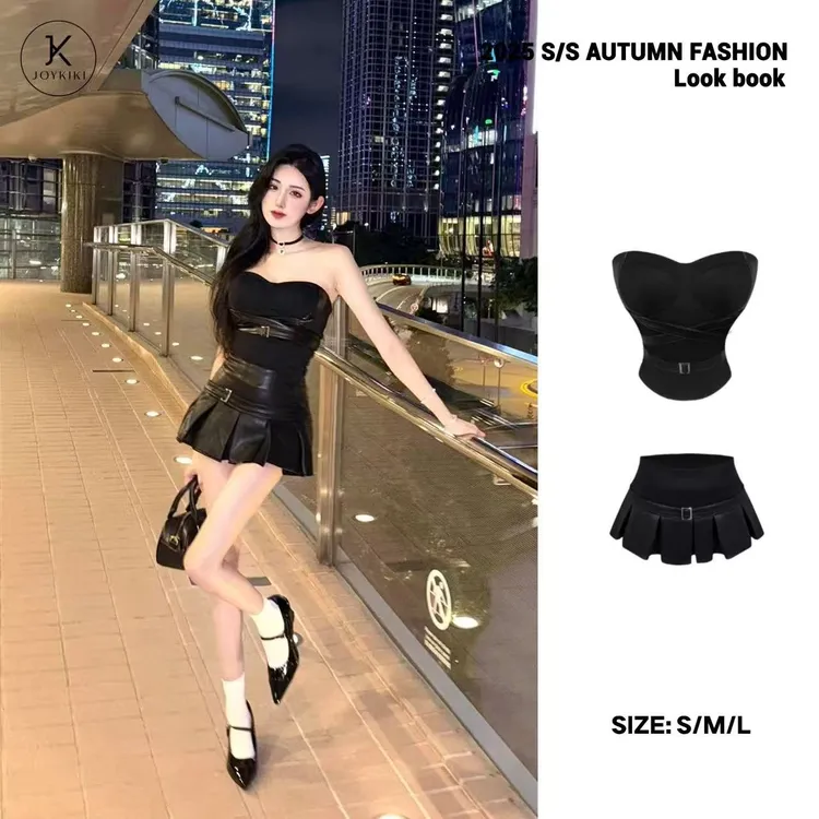 JOY KIKI金金【Ai特工】秋季辣妹御姐抹胸无袖皮裙套装 J25B572