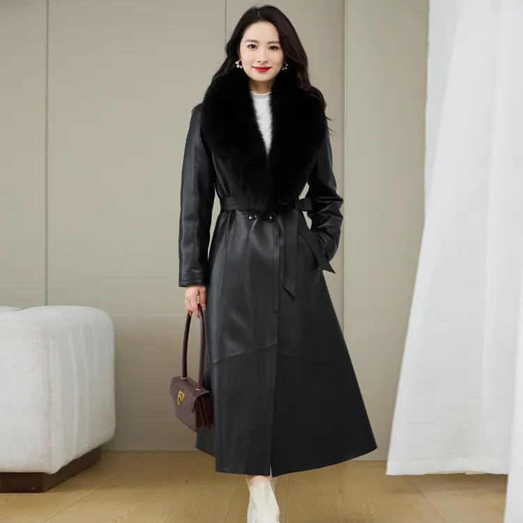 时尚收腰真皮皮衣女2025冬新款海宁绵羊皮风衣修身显瘦皮加绒外套