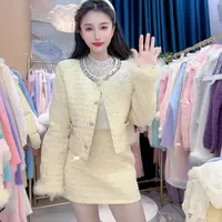 小香风套装女秋冬季夹棉毛呢气质名媛轻奢镶钻修身新款款外套套装