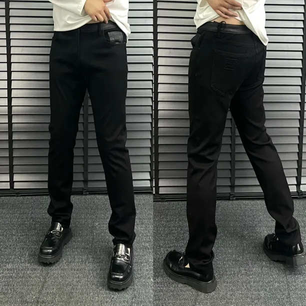 【阿楠】秋冬新品欧货轻奢男士牛仔裤拼皮腰时尚百搭直筒牛仔裤81