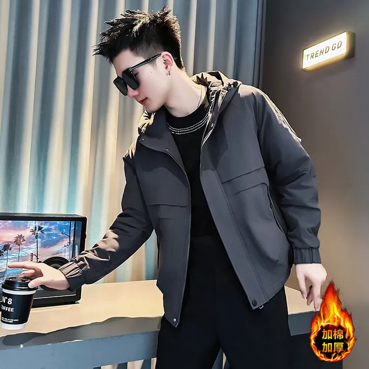 高级感潮牌痞帅连帽男士加棉夹克秋冬2025新款休闲百搭加厚男外套