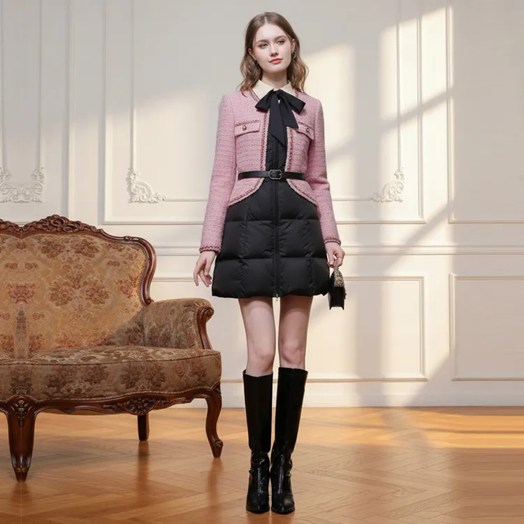 假两件小香轻奢粗花呢拼接翻领收腰显瘦A摆羽绒服外套GC36050Z