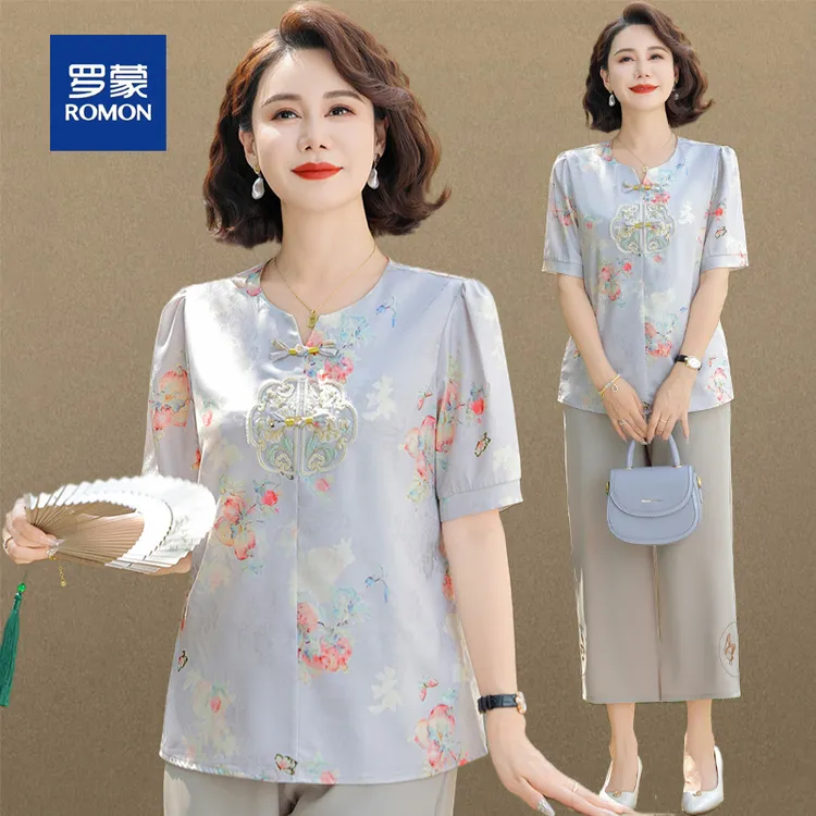 罗蒙妈妈夏装高档中式小衫套装中老年女装气质国风短袖衬衫两件套