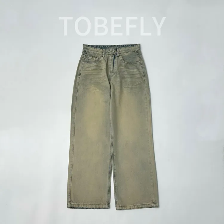 Tobefly浅蓝套黄泥色牛仔裤直筒款式春季新款百搭宽松男士N002