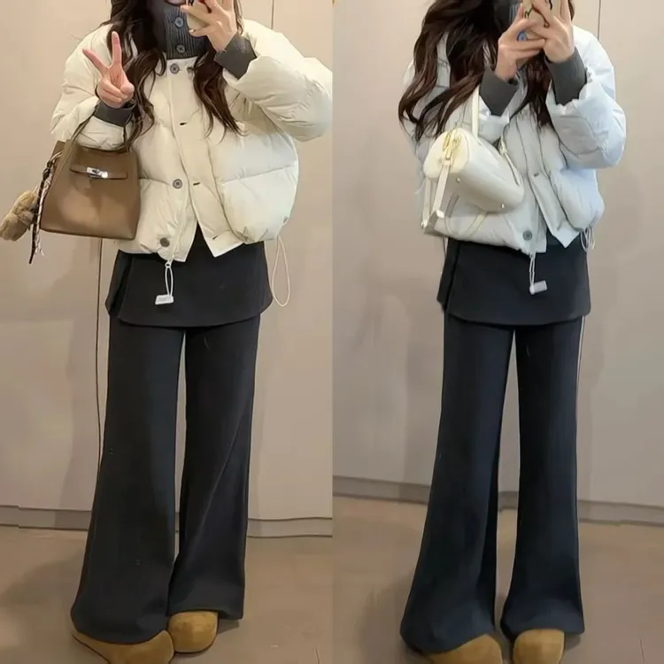 秋冬女美式裤子加绒假两件屁帘微喇裤女外穿秋冬新款显瘦休闲裤