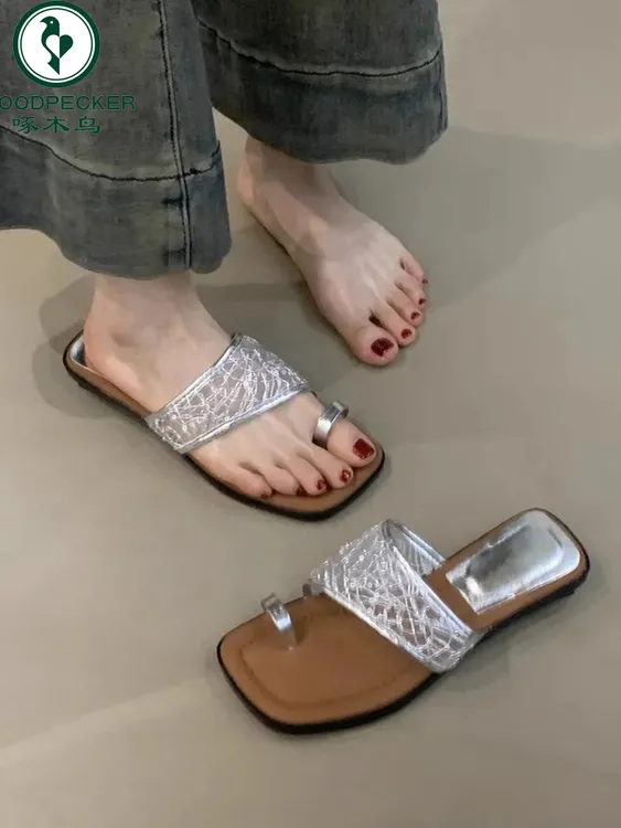 啄木鸟仙女风高级感网纱套趾一字拖鞋女外穿舒适软底方头凉拖鞋女