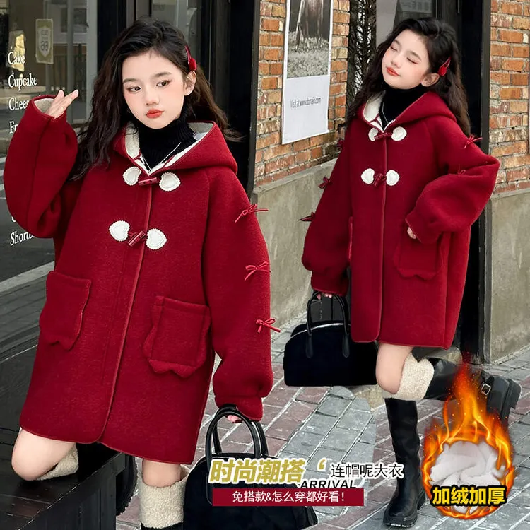女童年服红色童装外套2025新款毛呢中长款加绒冬季中大童儿童外套