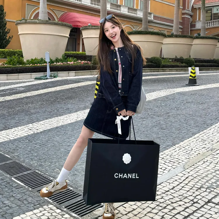 复古撞色牛仔外套高腰显瘦A字半身裙两件套春秋新款圆领上衣套装