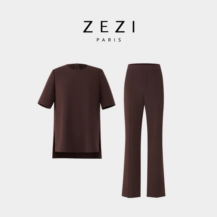 ZEZI三醋酯侧开叉T恤套装圆领短袖小个子女显瘦体休闲裤通勤出游