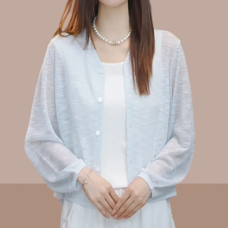 轻薄纯色防晒衣女2026年夏季新款百搭宽松显瘦V领针织长袖衬衫潮