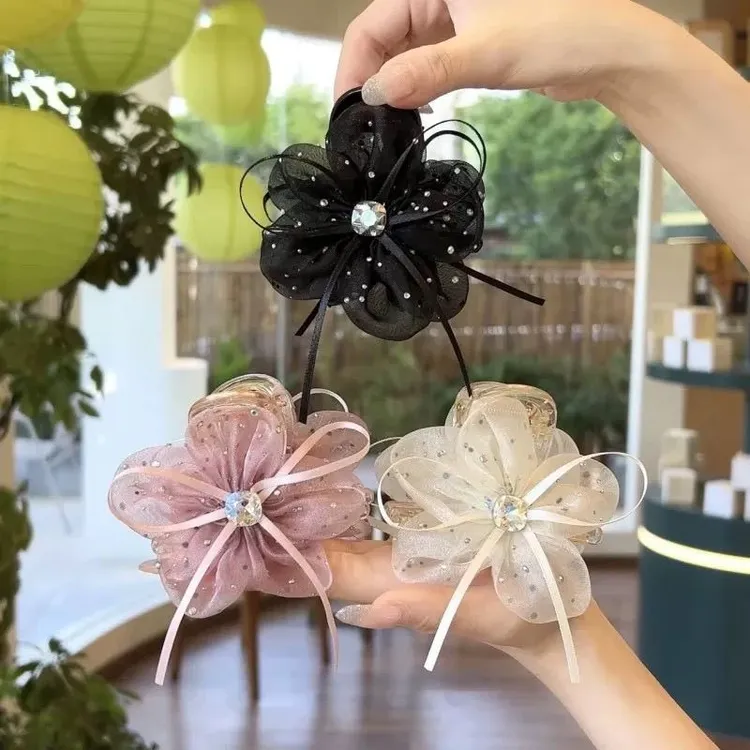 蝴蝶结网纱飘带花朵发卡气质百搭鲨鱼夹超仙闪钻发夹马尾夹发饰