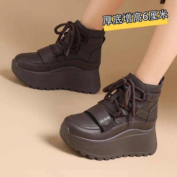 【7CM】松糕厚底加绒保暖棉靴雪地靴女高帮短靴休闲运动网红马丁靴