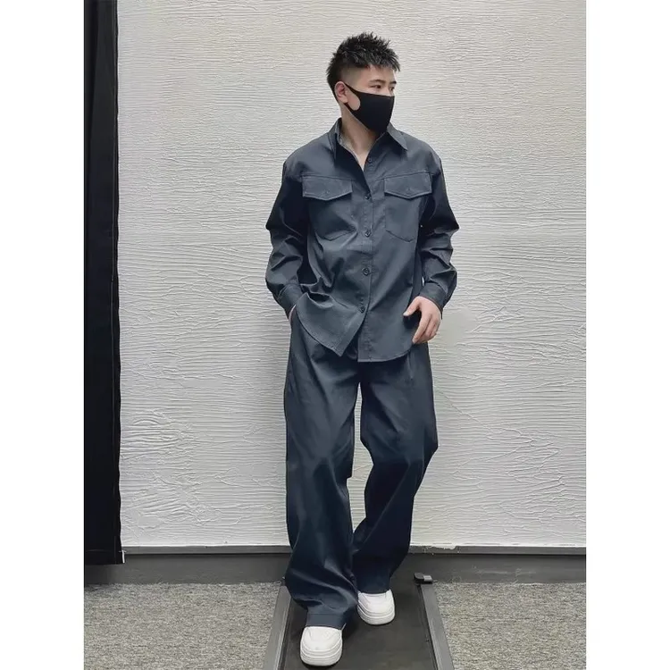 休闲套装男潮牌秋季新款高级感痞帅宽松长袖衬衫男士一套搭配帅气