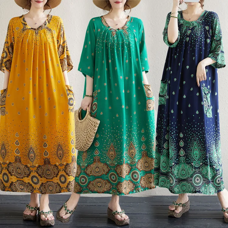 2025女装新款大码文艺圆领宽松花色遮肉显瘦连衣裙