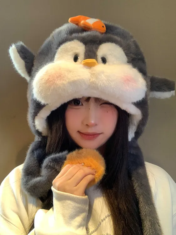 耳朵会动~可爱企鹅毛绒帽子女冬季加绒加厚保暖显脸小防寒雷锋帽