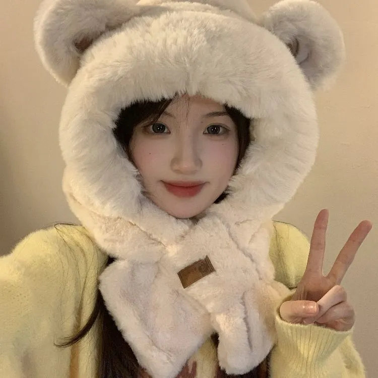 可爱小熊毛绒耳朵帽子冬天毛茸茸一体超萌三件套冬季保暖帽子T